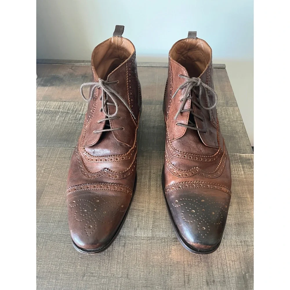 Mikekonos Mens 13 Brown Leather Wingtip Brogue Ankle Boots Made in Italy